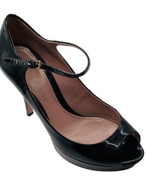 GUCCI BLACK OPEN TOE PATENT LEATHER MARY JANE PUMPS